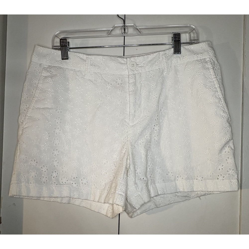 Faded Glory Women's Chino Shorts Size 12 White Casual Embroidered Floral Beachy